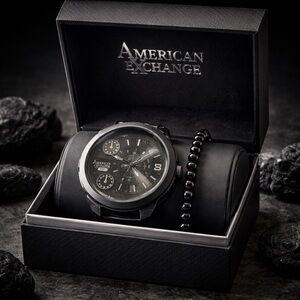 American Exchange Men's Black Rubber Strap Watch 46mm Gift Set